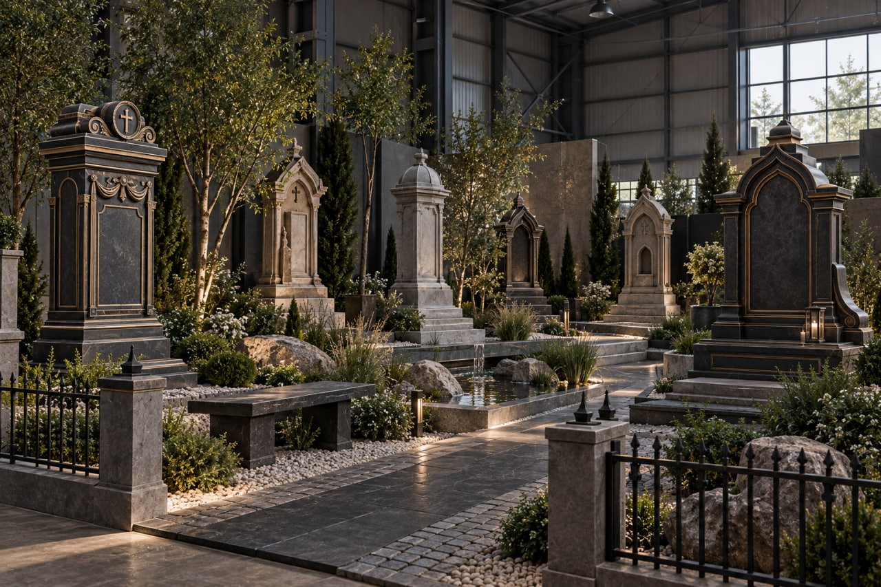Композиция с архитектурными памятниками, плиткой, каменной отсыпкой, ограждениями и лавочкой